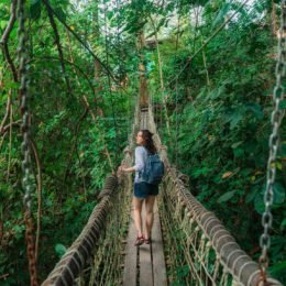 Young Caucasian woman walking on rope bridge in lush jungles a